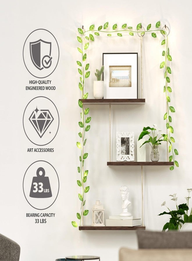 MASHDE Hanging Shelves for Wall, 3 Tier Boho Wall Decor Hanging Shelf with Vine Lights, Rope Rustic Wood Floating Shelves Floral Plant Decor for Bedroom Living Room Dorm Office Women - Image 2